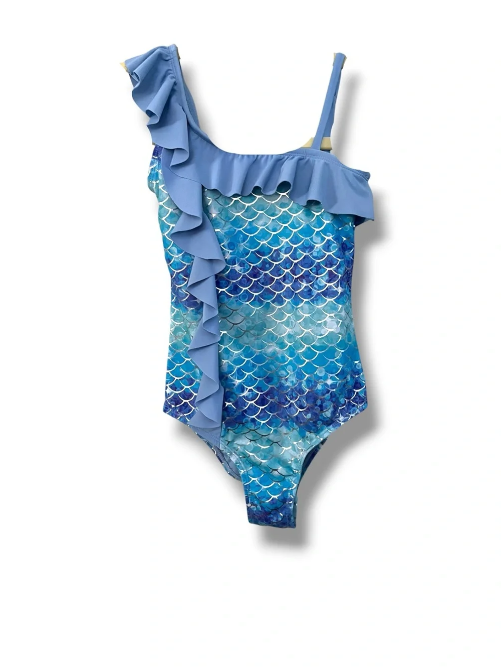 Justice Blue Mermaid Scale One-Shoulder Ruffle Swimsuit, 6
